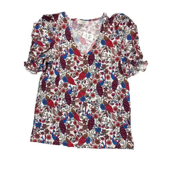 WOMEN LOFT Peacock Ruffle Cinched Sleeve V-Neck Top M - Picture 2 of 15